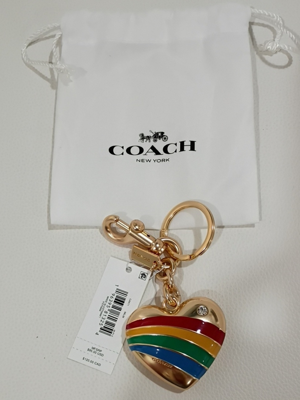 Coach Gold Heart Keychain/Bag Charm with Rainbow Enamel Stripes